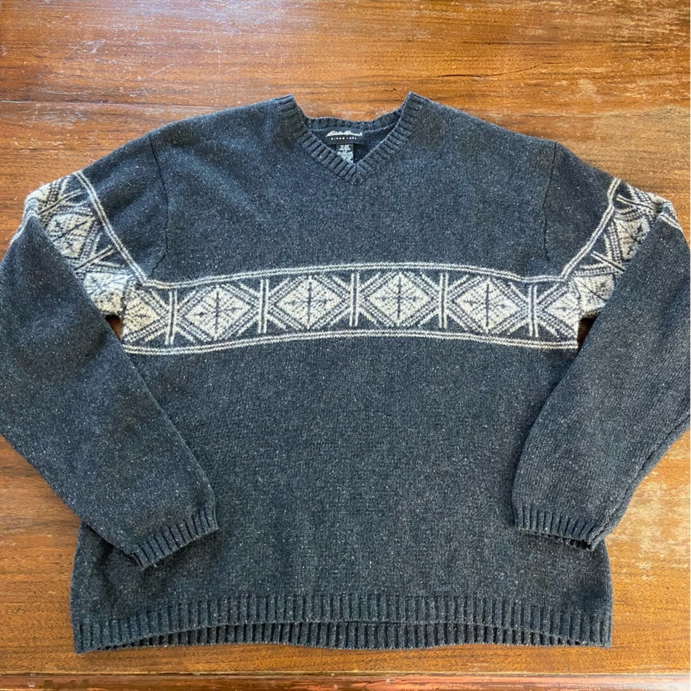 Vintage Y2K Mens Eddie Bauer Wool Blend Grey Nordic-Style V-Neck Sweater Large L